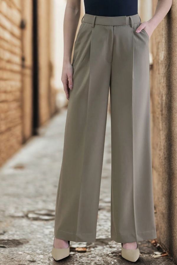 Women High-Waist Pleated Straight Leg Relaxed 4-Way Stretchable Fit Trouser