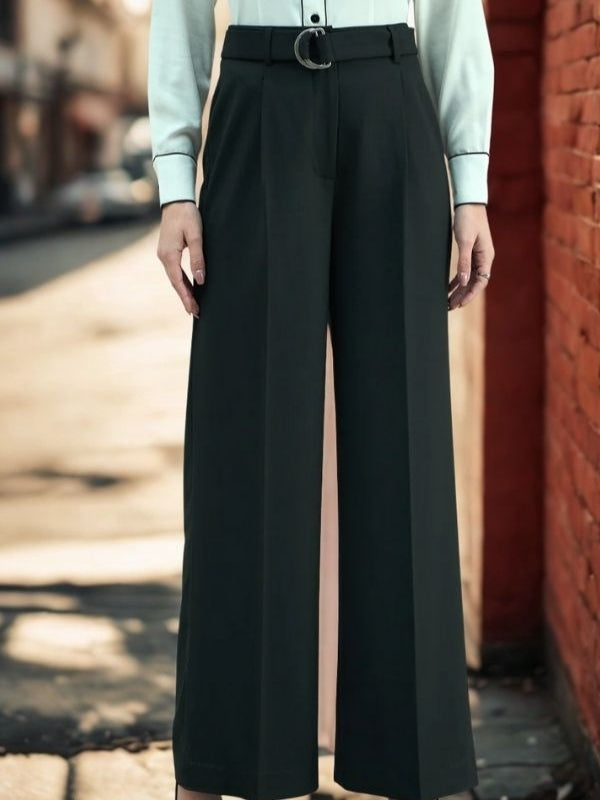 Women High Waist Belted Black Trouser In 4-Way Stretch