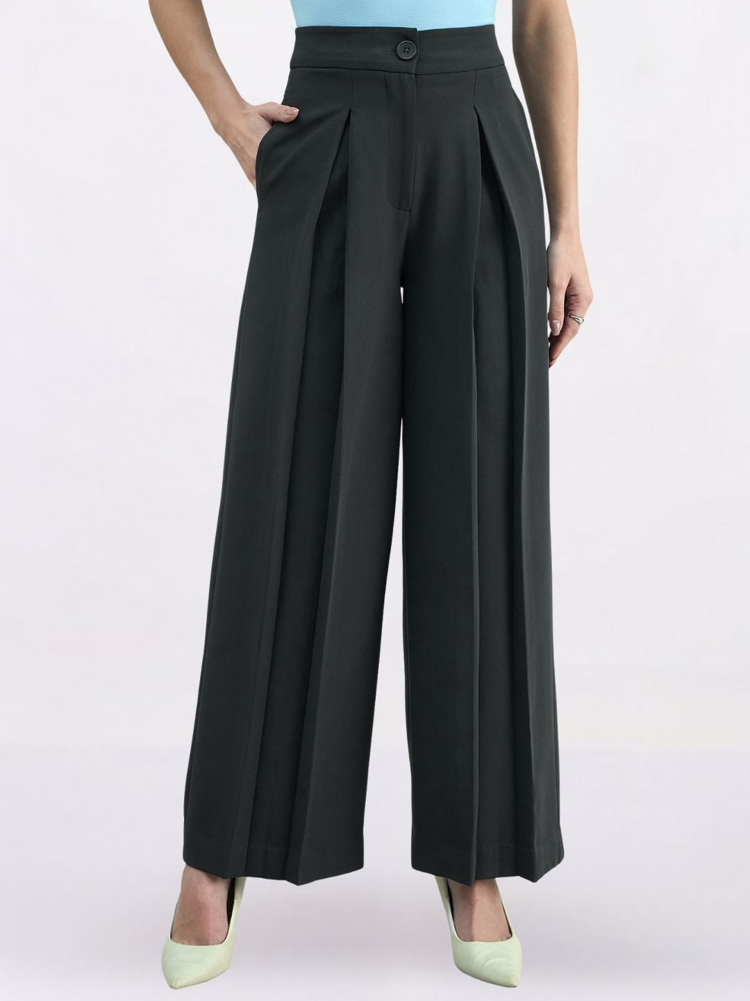 Women Dark Grey Loose Fit High-Rise Pleated Trousers
