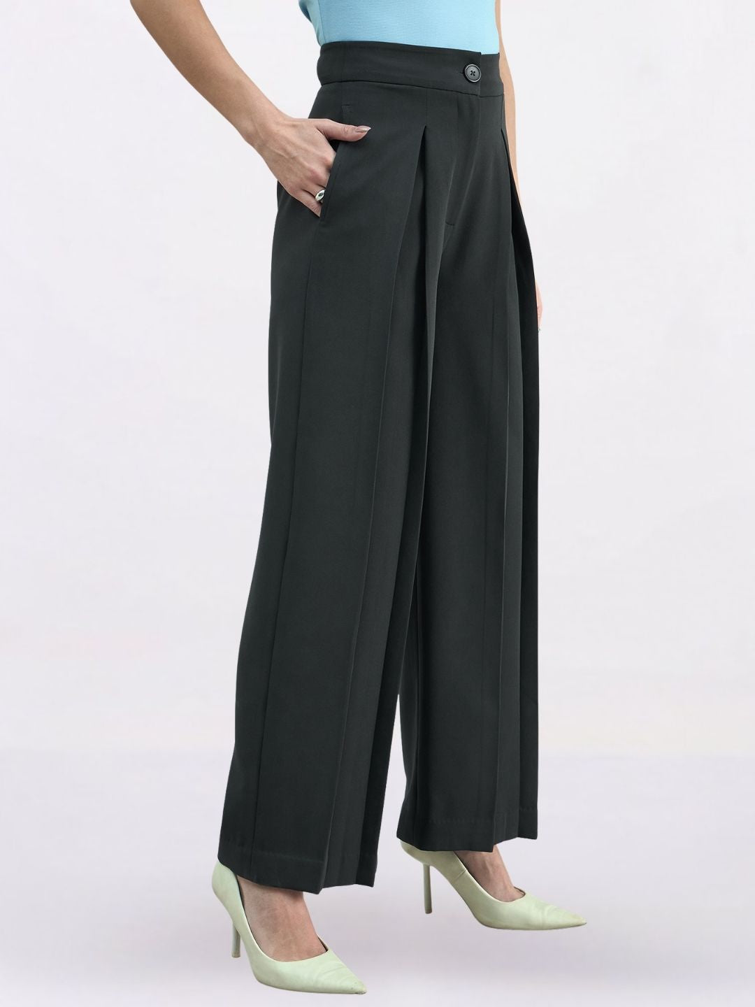Women Dark Grey Loose Fit High-Rise Pleated Trousers