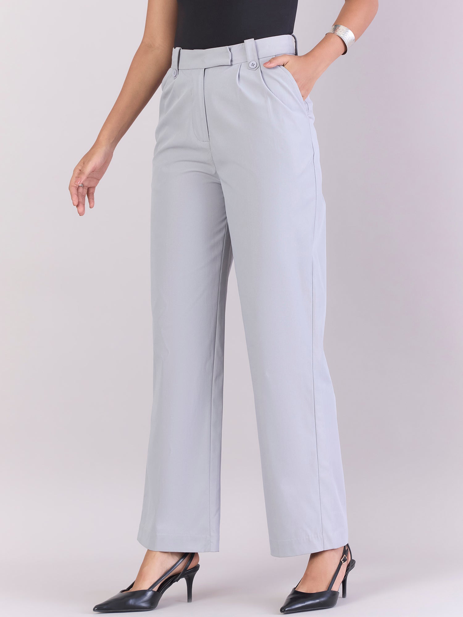 Women Light Grey High Waist Pleated Trouser