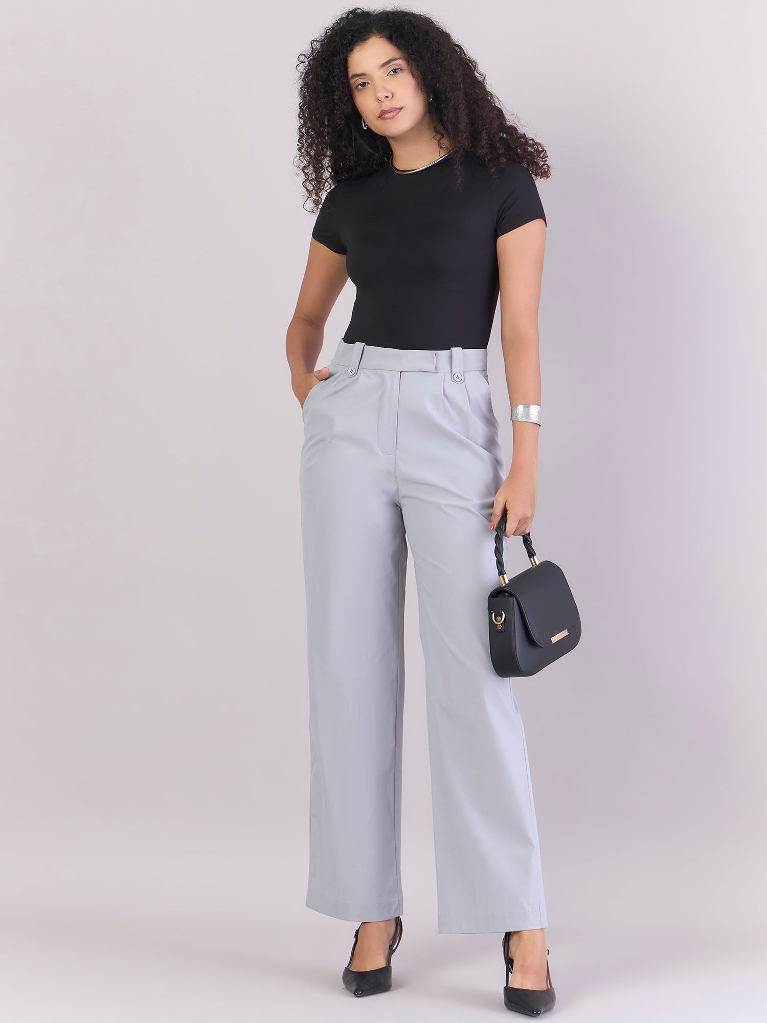 Women Light Grey High Waist Pleated Trouser