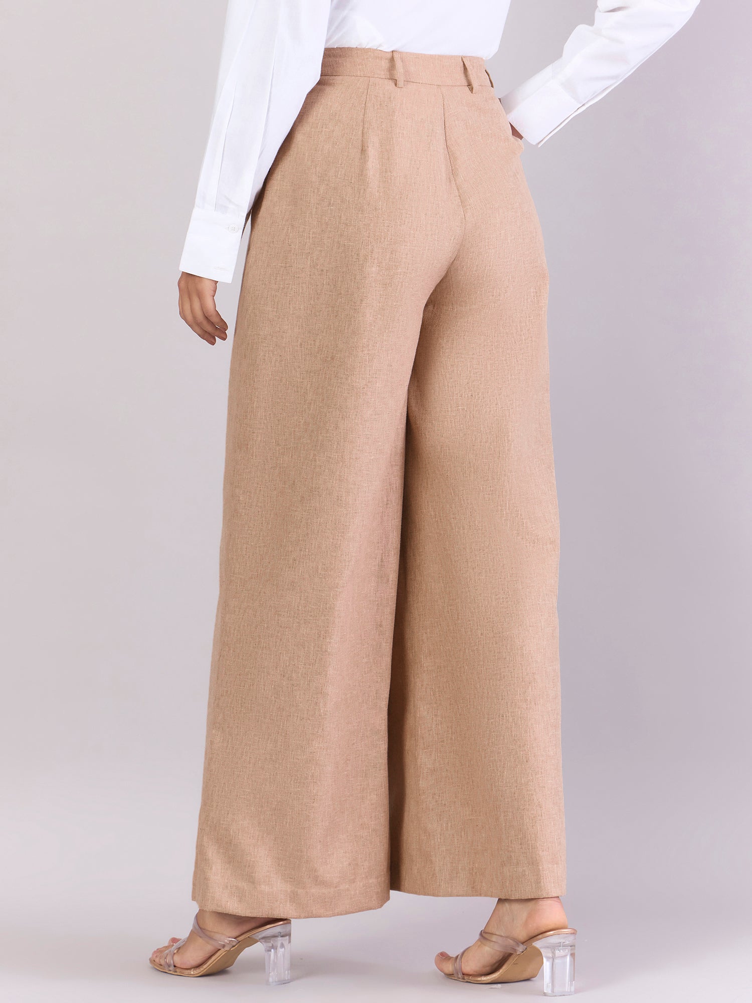 Classic Beige Relaxed Straight Fit High Waist Wide Leg Trouser