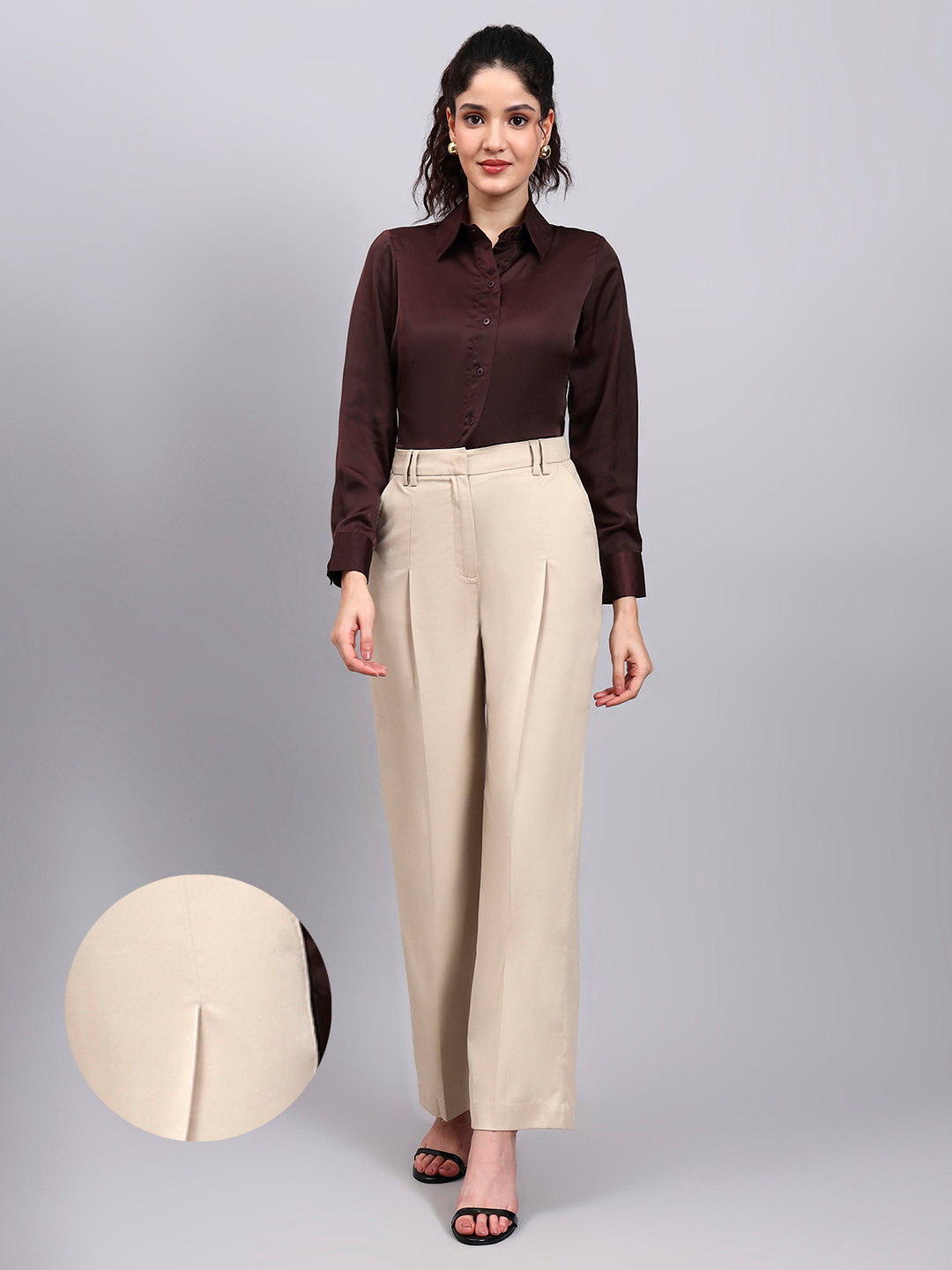 Plus Size Light Beige High Waist Pleated Trouser