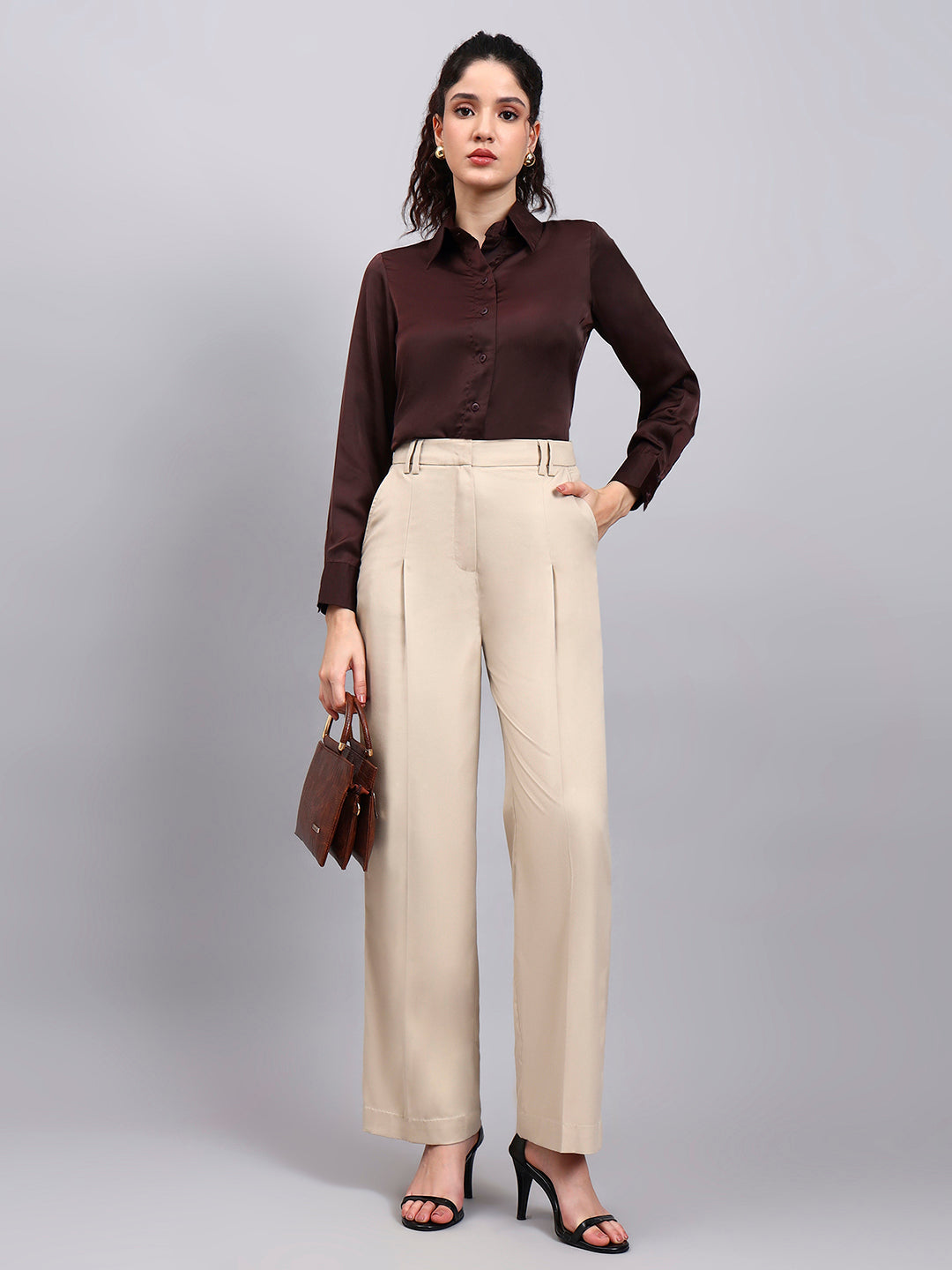 Plus Size Light Beige High Waist Pleated Trouser