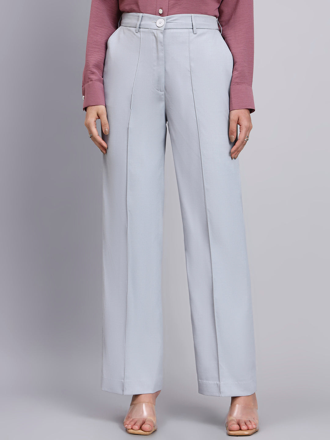 Refined Silver Dust Grey Stretchable Trousers with Button Closure