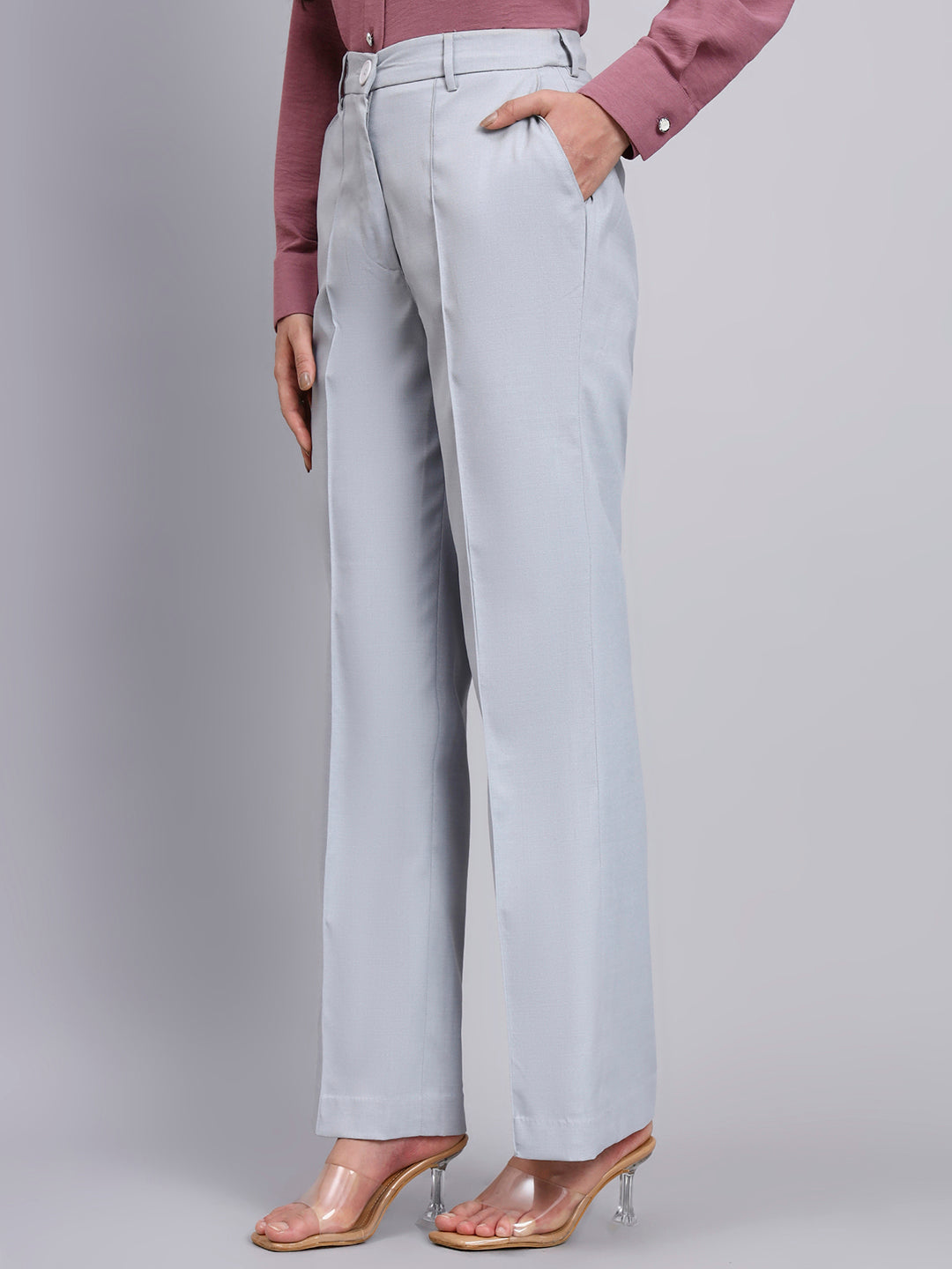 Refined Silver Dust Grey Stretchable Trousers with Button Closure