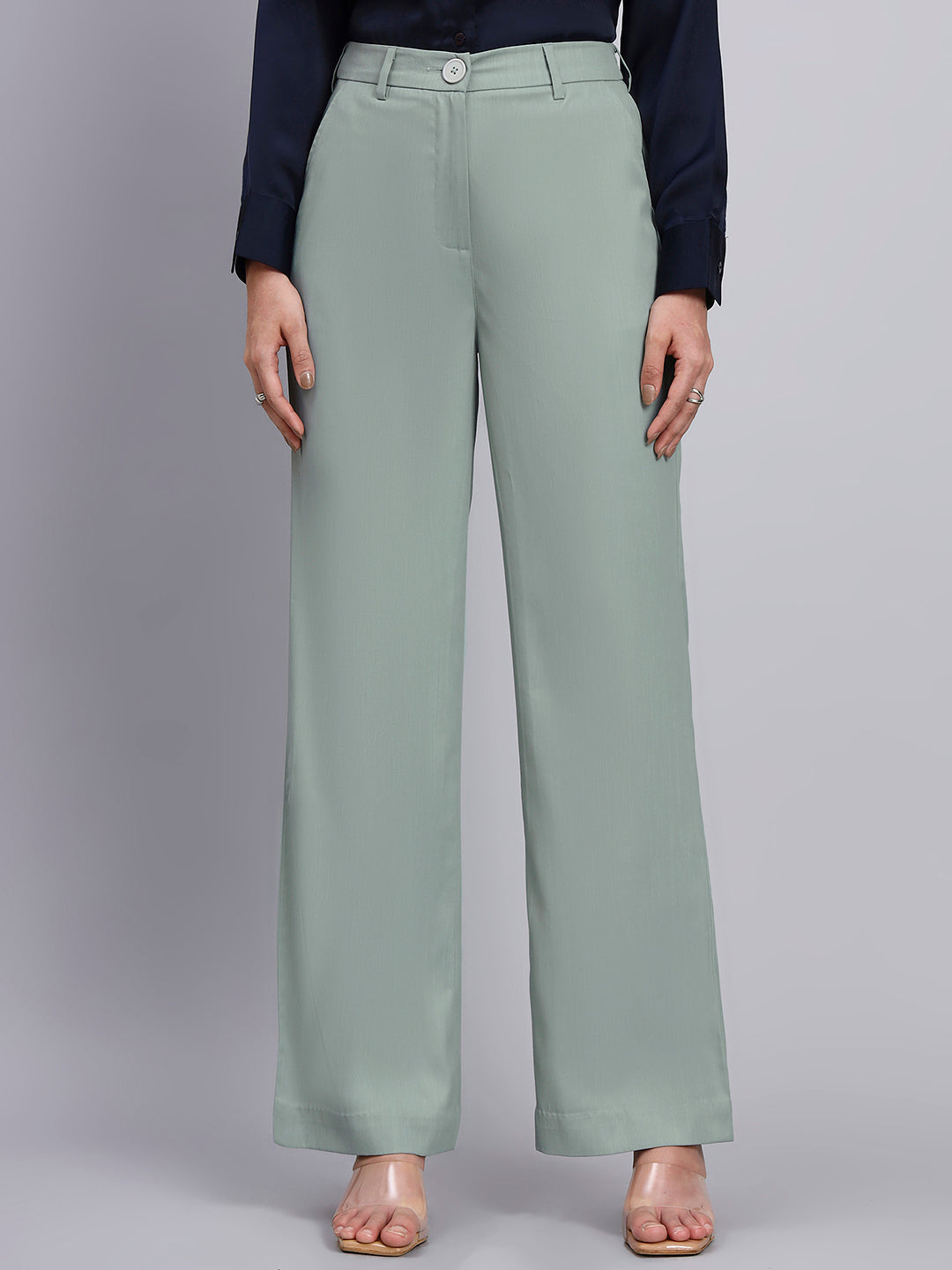 Refined Sage Green Stretchable Trousers with Button Closure