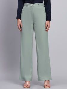 Refined Sage Green Stretchable Trousers with Button Closure