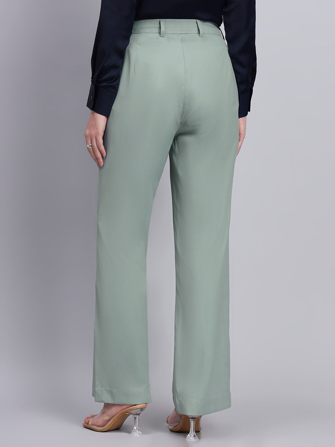 Refined Sage Green Stretchable Trousers with Button Closure