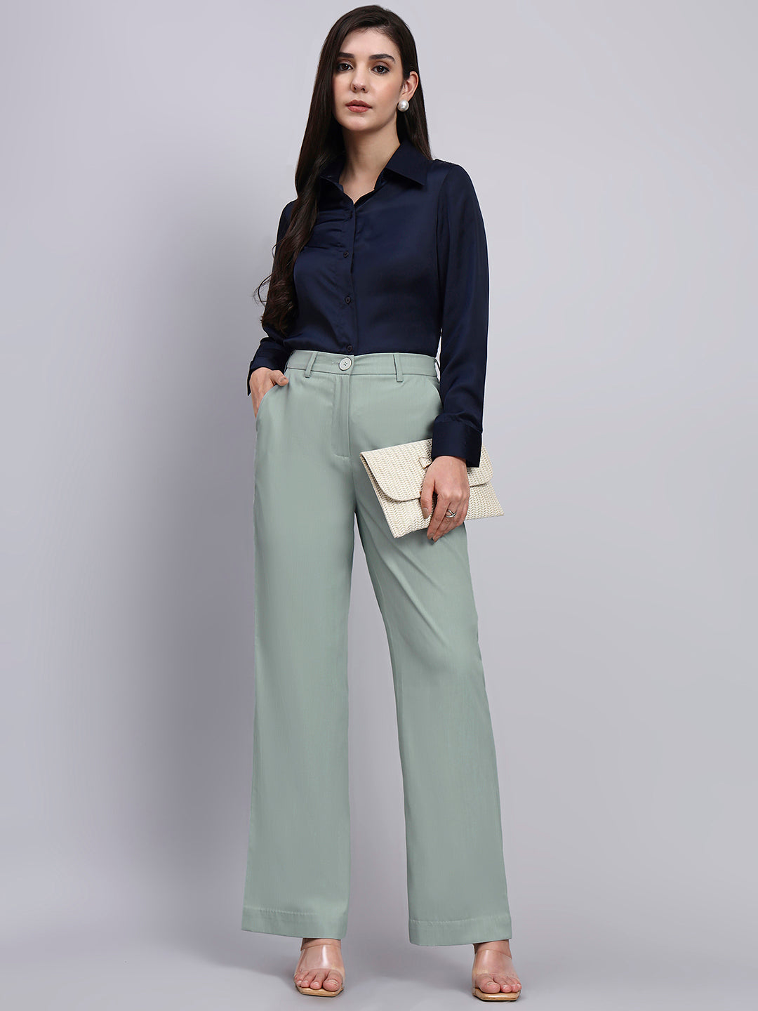 Refined Sage Green Stretchable Trousers with Button Closure