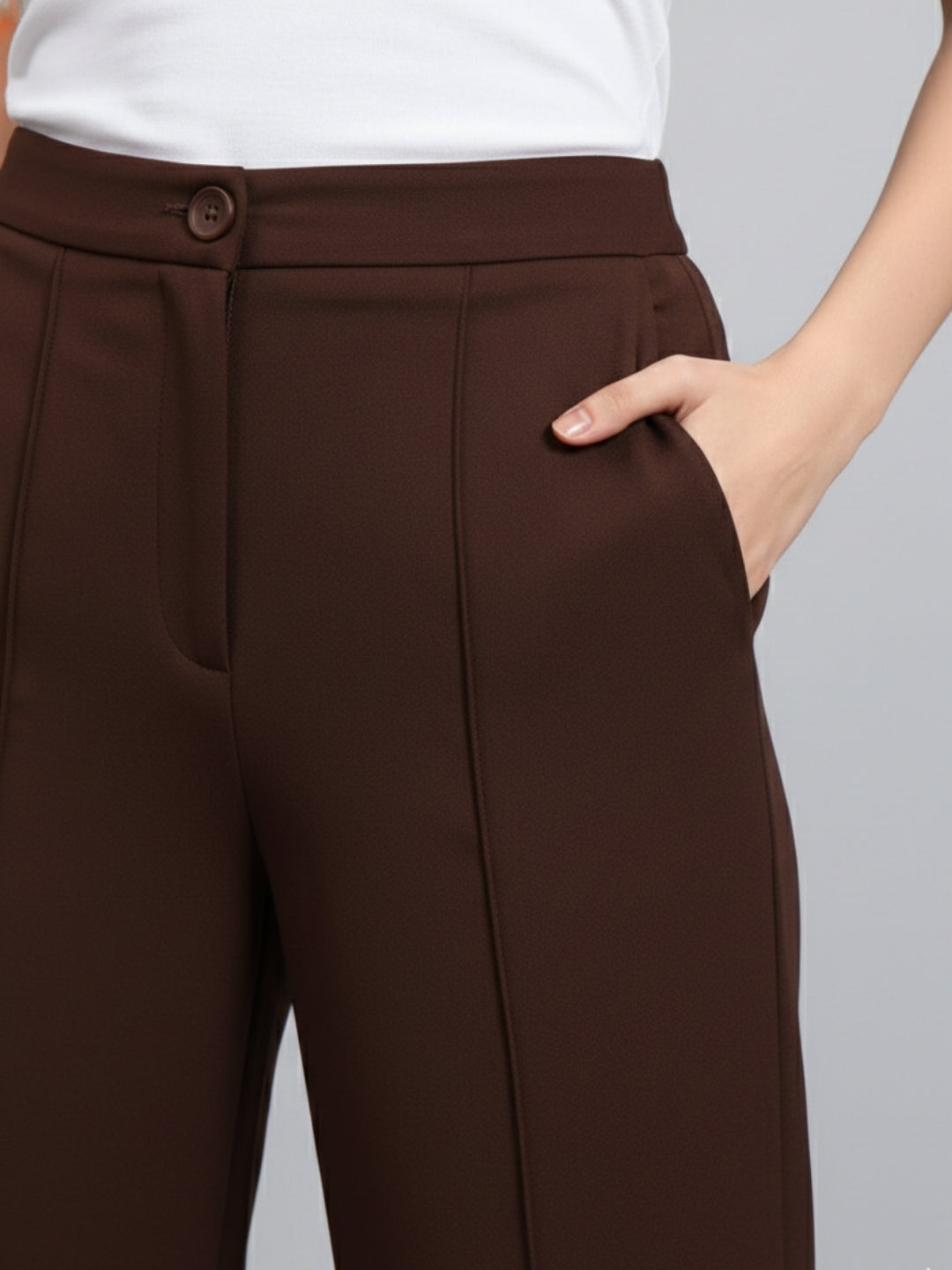 Women Brown Stretch Straight Fit Trouser