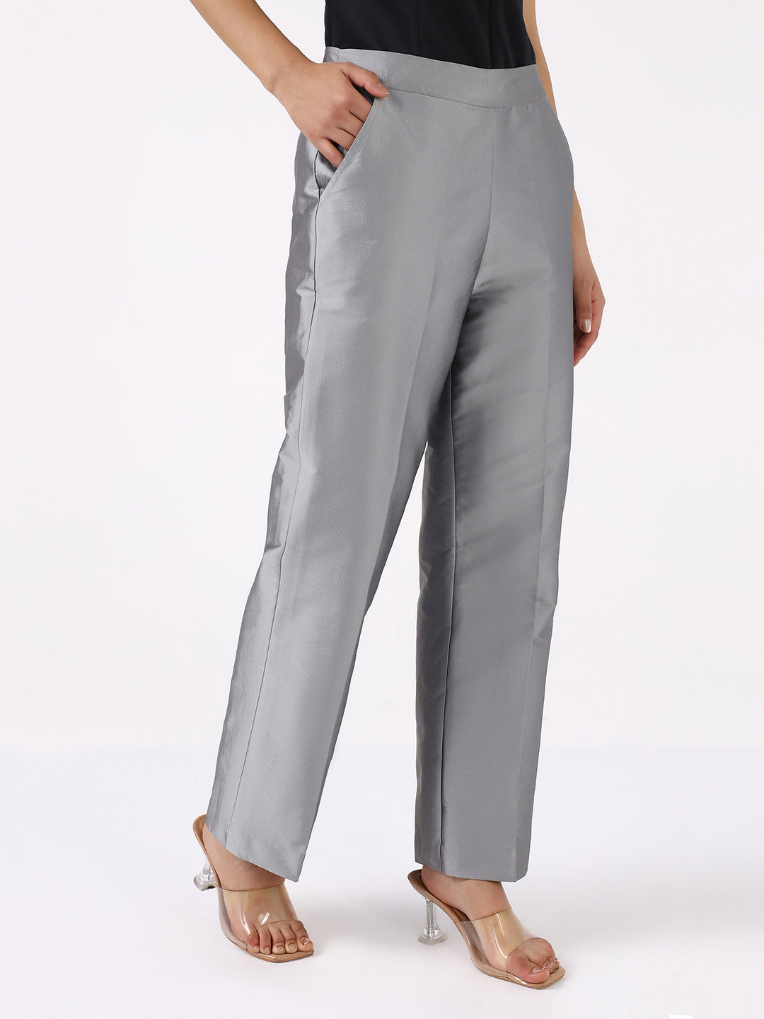 Women Light Grey Mid Rise Pleated Trouser