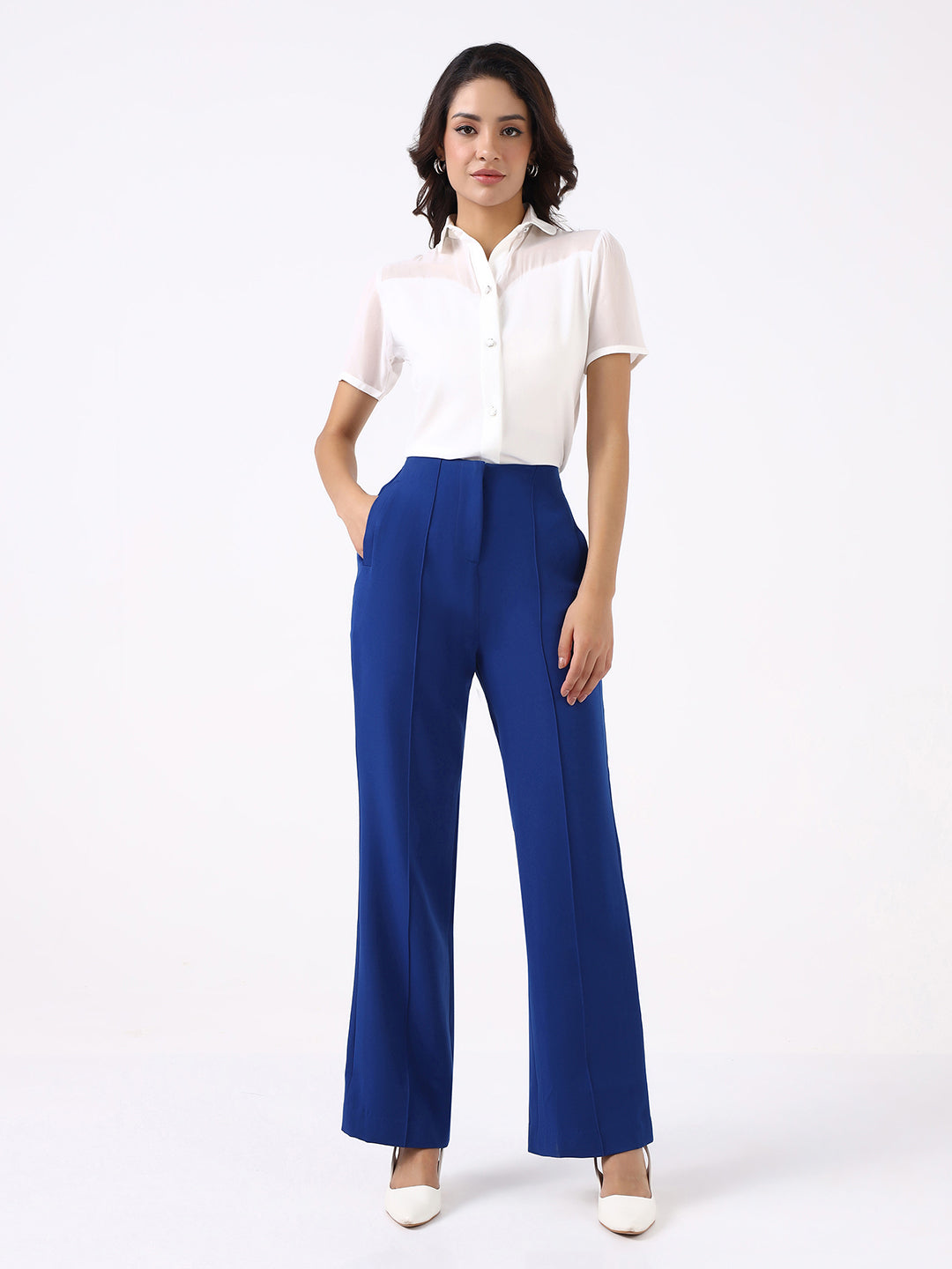 Women Ink Blue High-Rise Pintucked Trousers