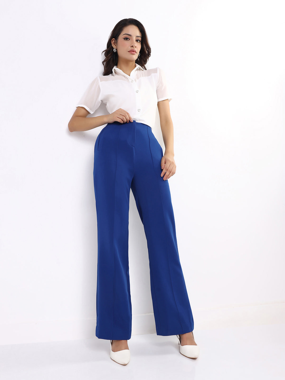 Women Ink Blue High-Rise Pintucked Trousers