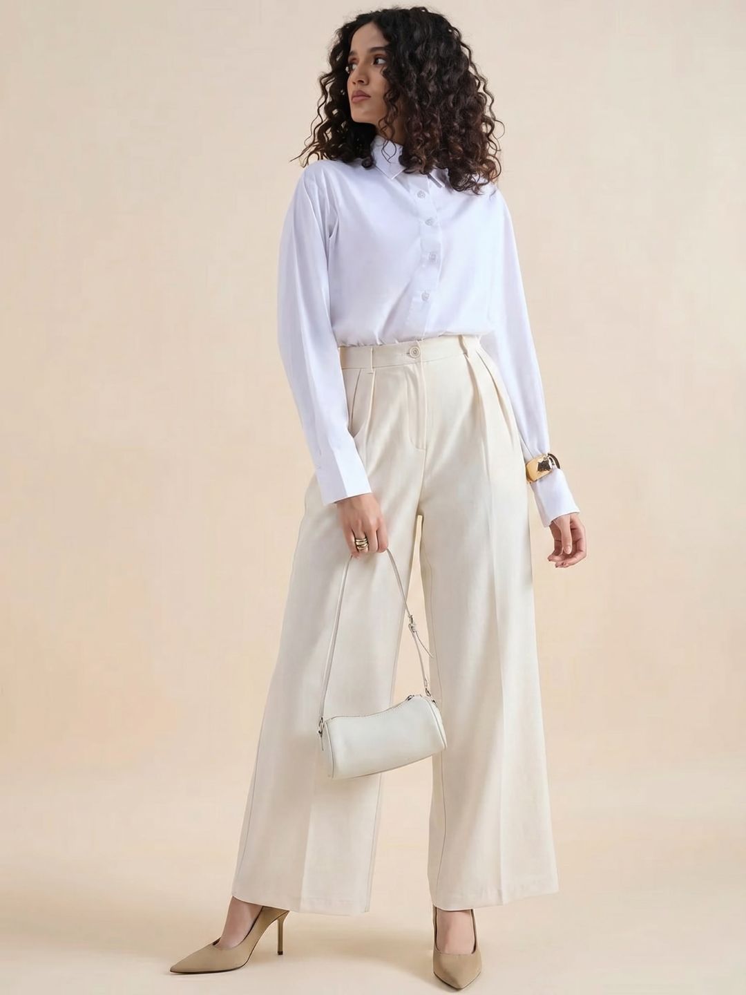 Women Off-White Cotton High Rise Pleated Trouser