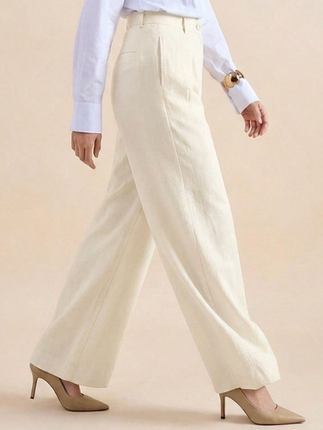 Women Off-White Cotton High Rise Pleated Trouser