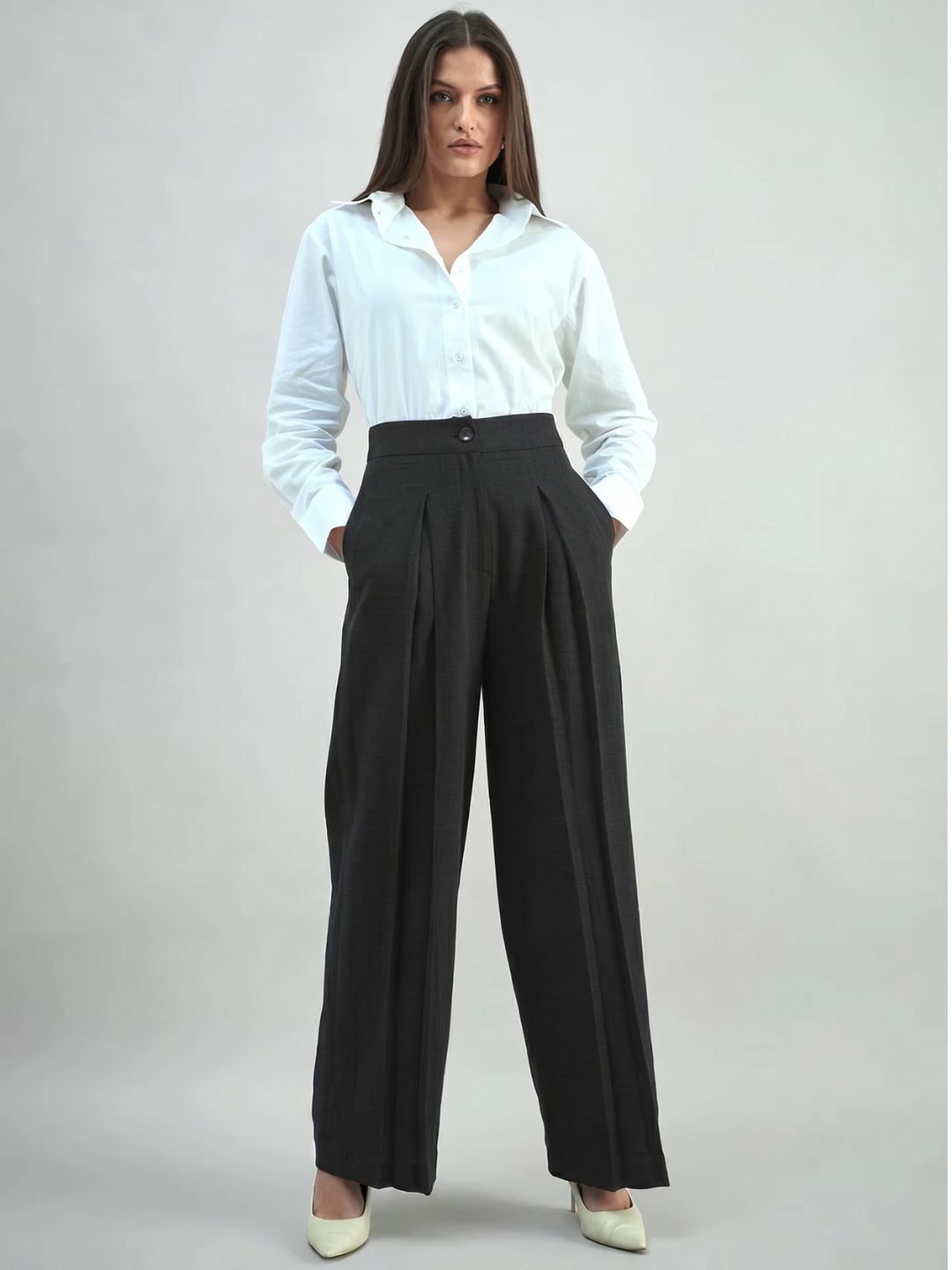 Women Black High-Rise Pleated Trousers