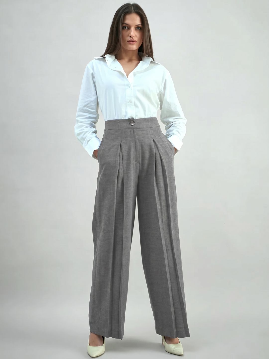 Women Grey High-Rise Pleated Trousers