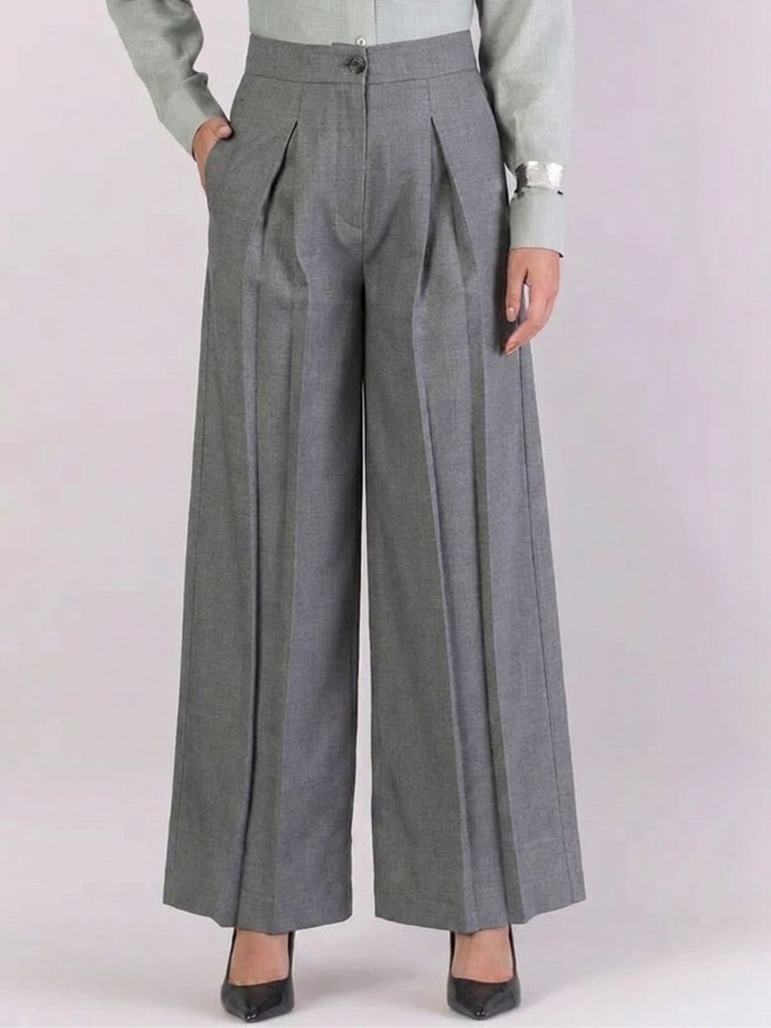 Women Grey High-Rise Pleated Trousers