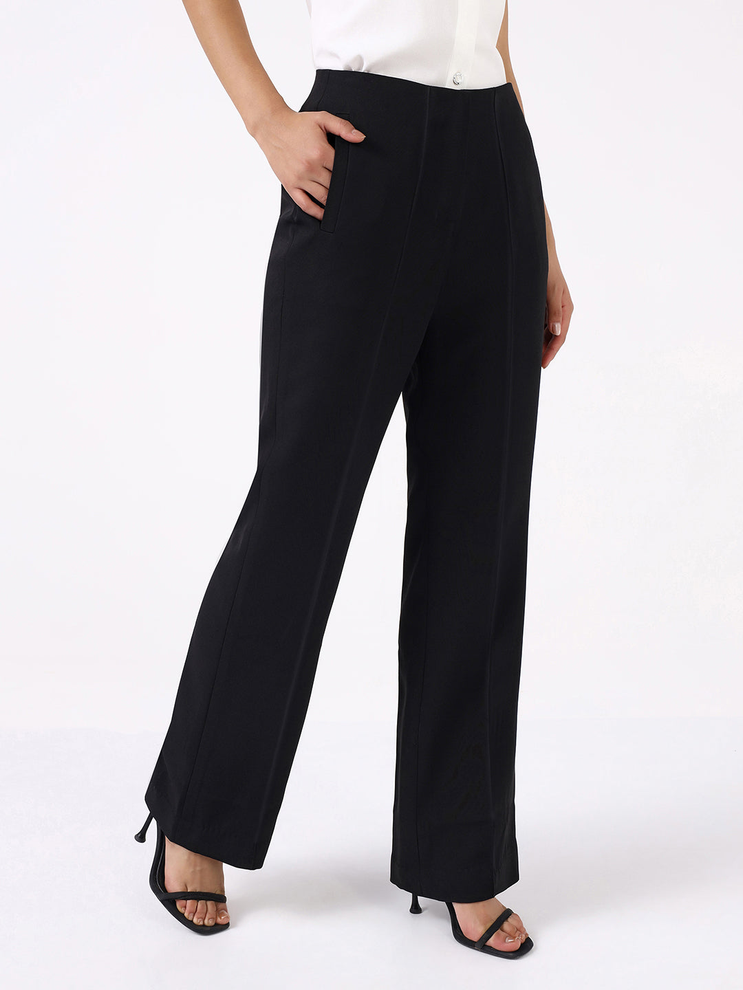 Women Black High-Rise Pintucked Trousers