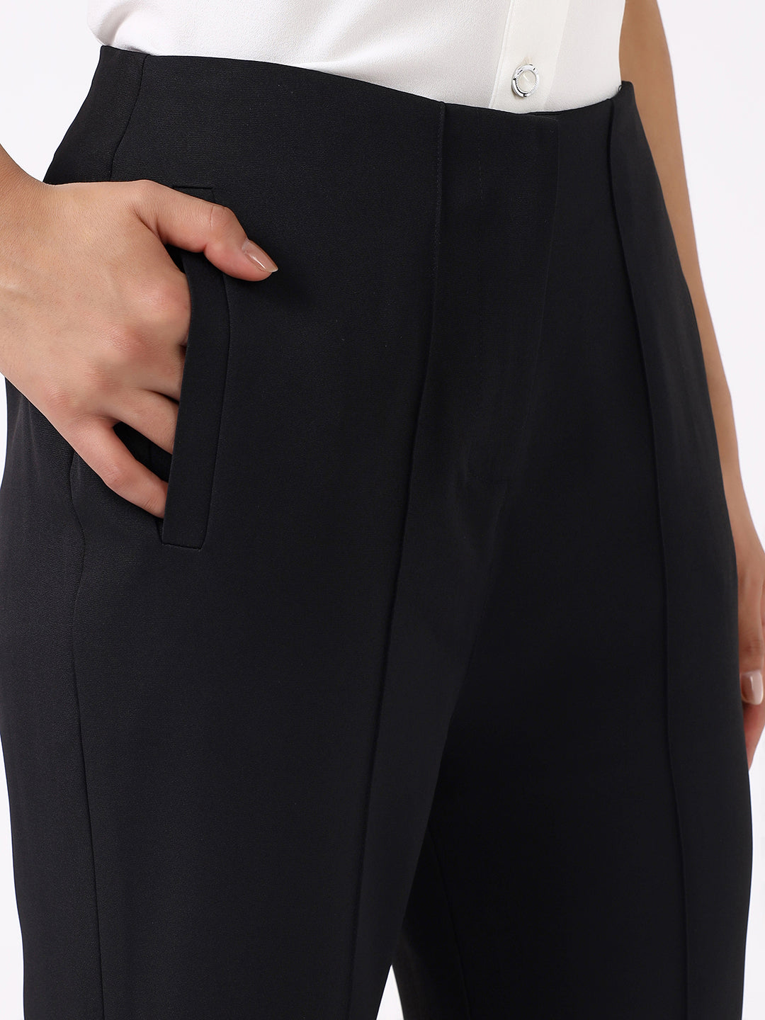 Women Black High-Rise Pintucked Trousers