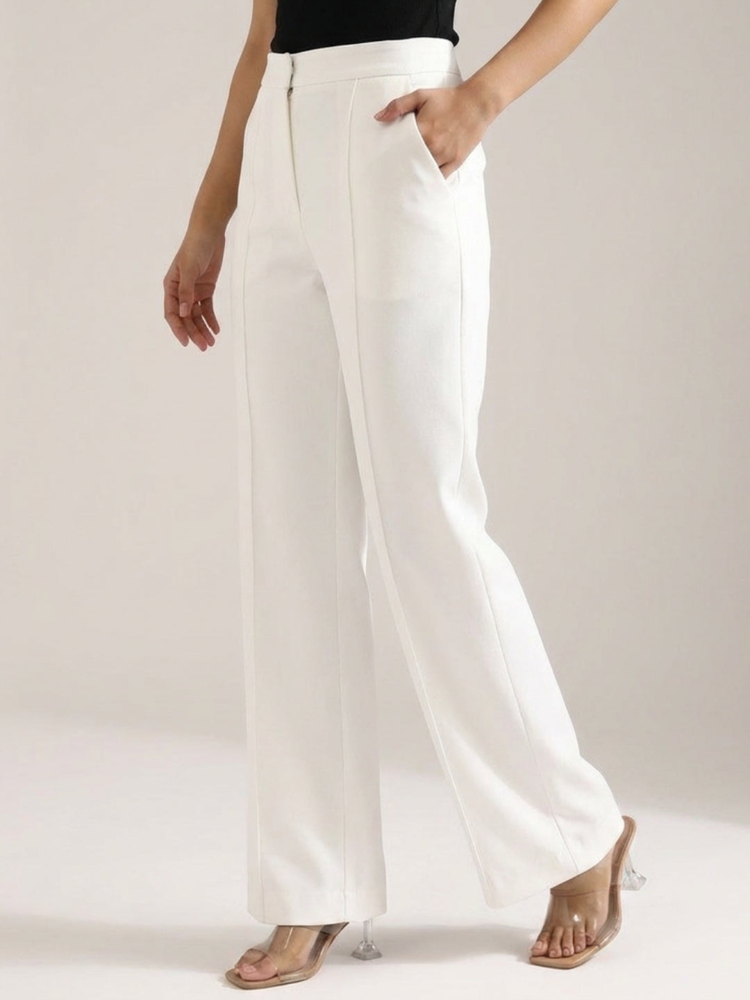Women White High-Rise Pintucked Trousers