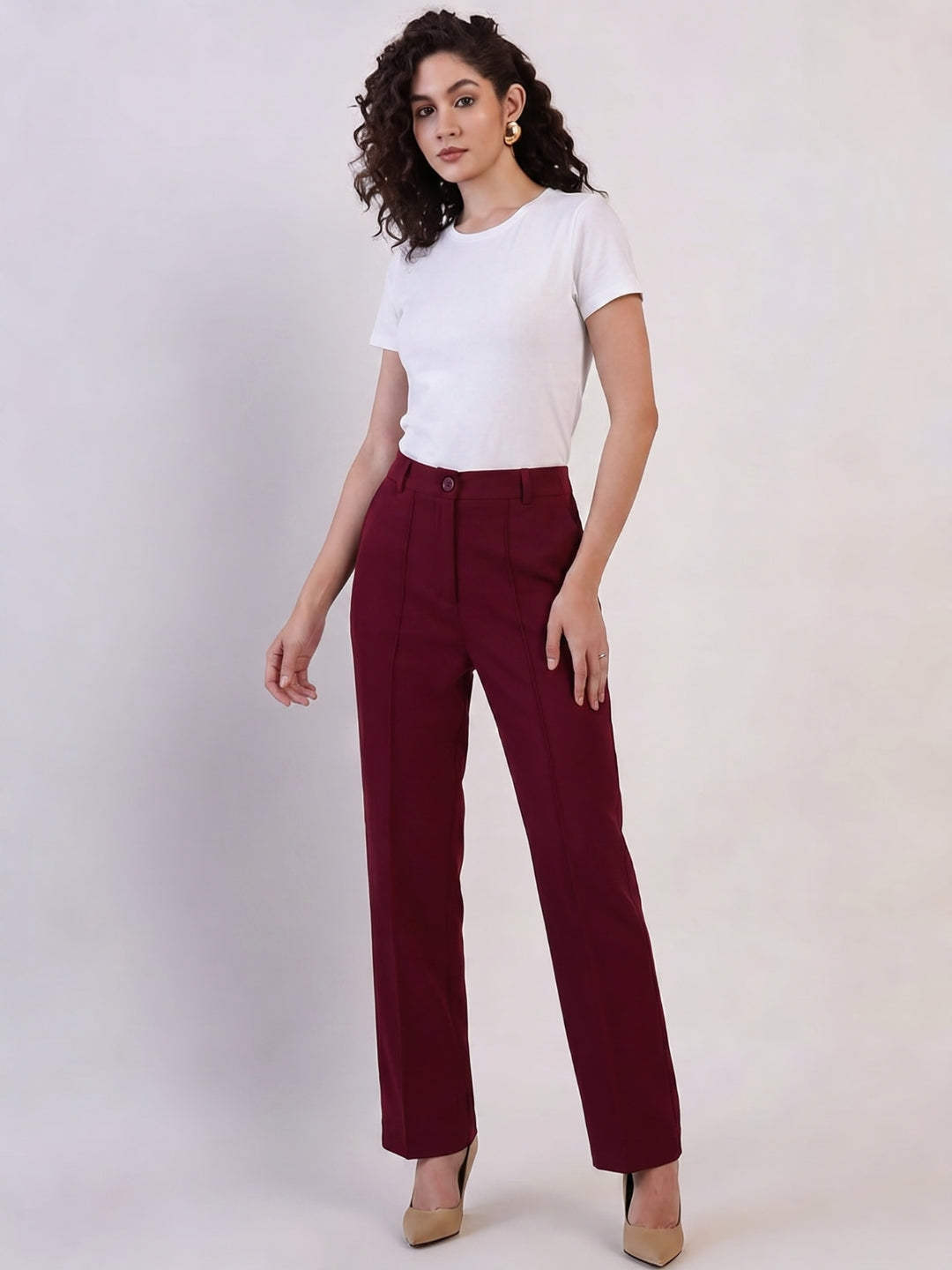 Women Burgundy High-Rise Trousers