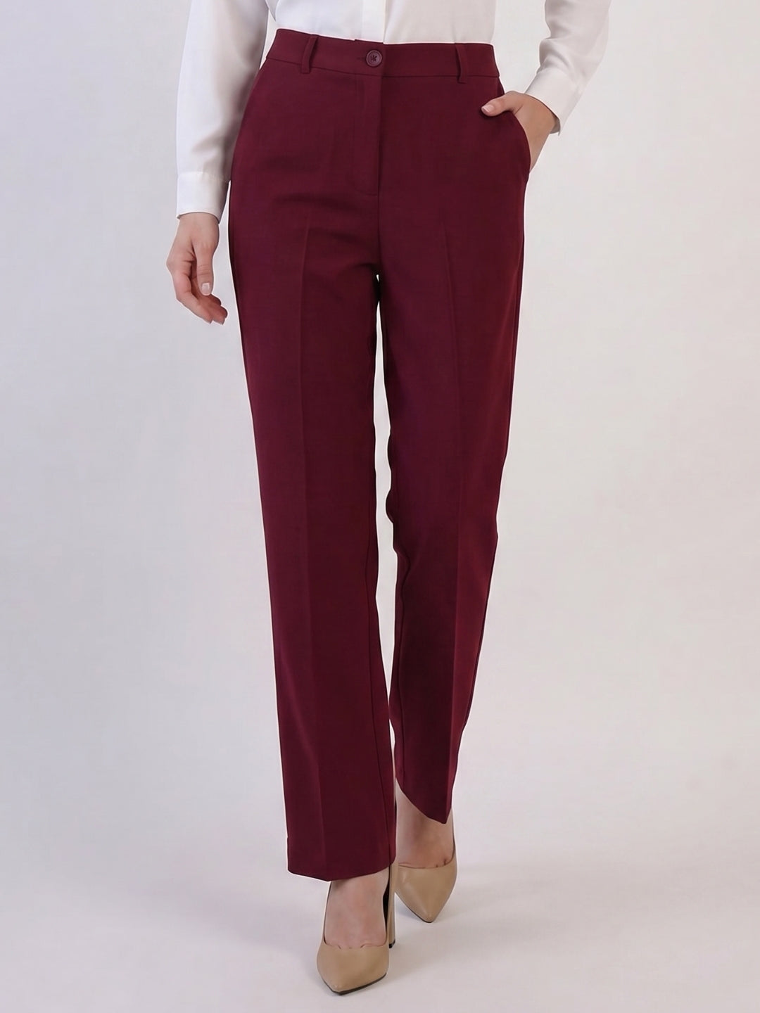 Women Burgundy High-Rise Trousers
