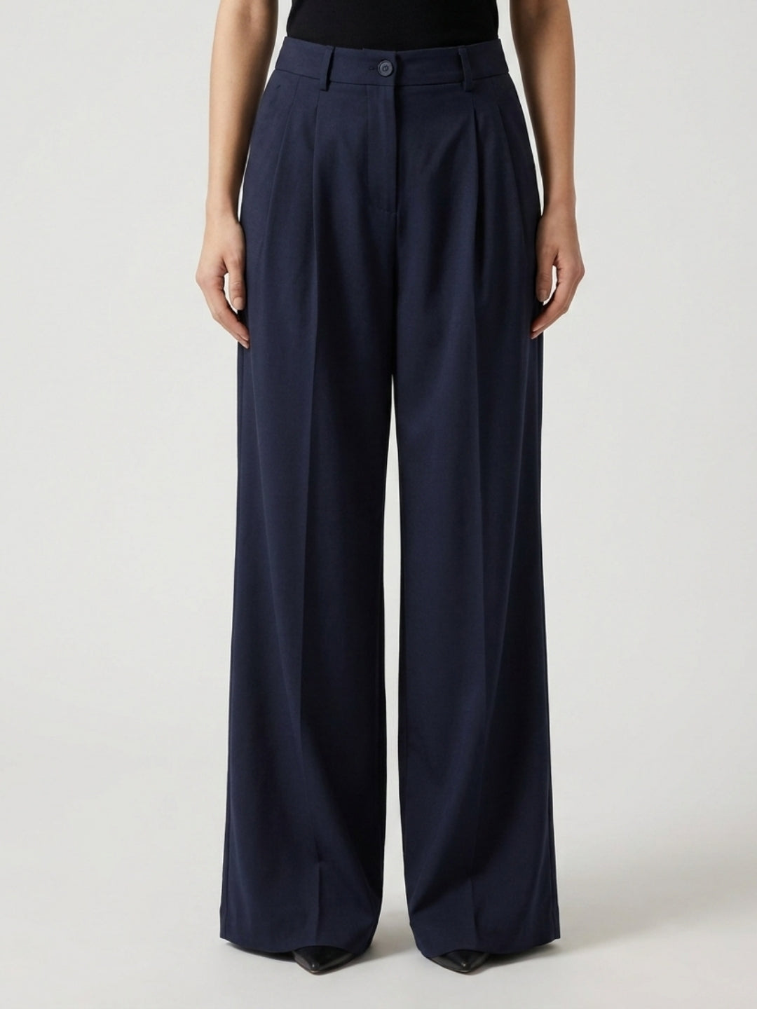 Women Navy Blue High-Rise Pleated Trousers