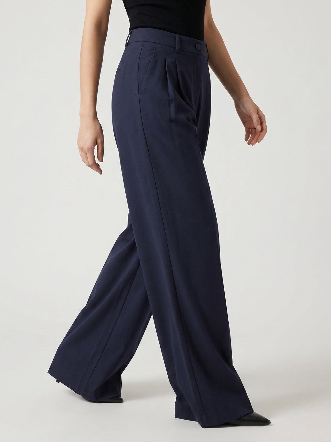 Women Navy Blue High-Rise Pleated Trousers