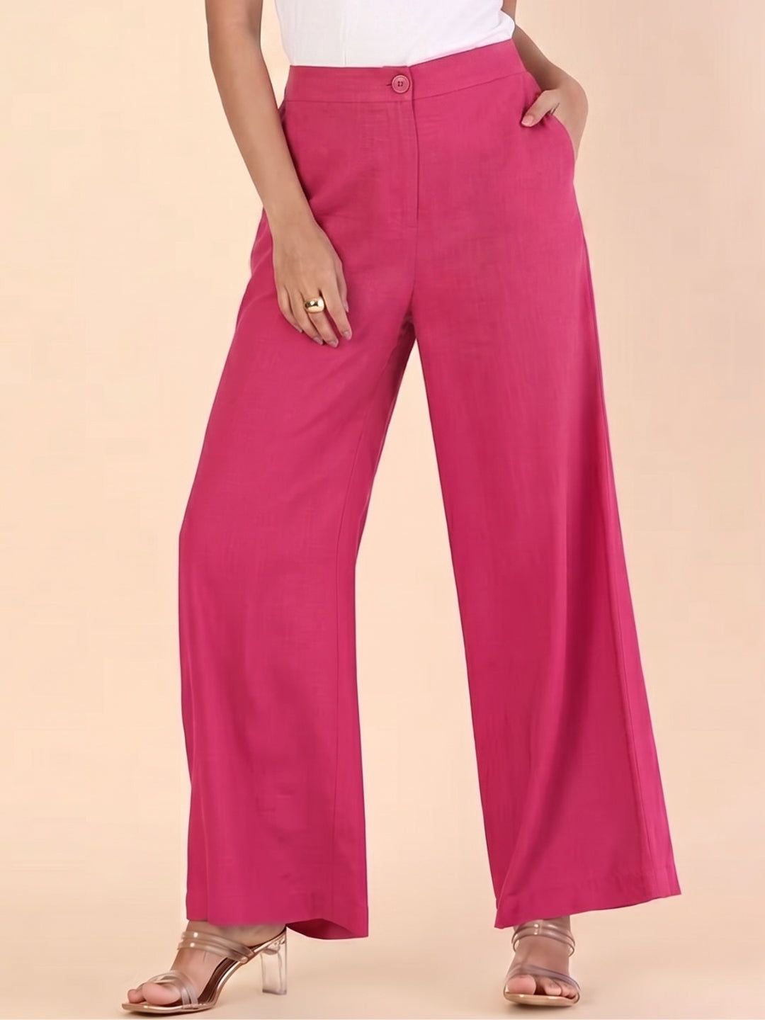 Women Hot Pink High-Rise Trousers