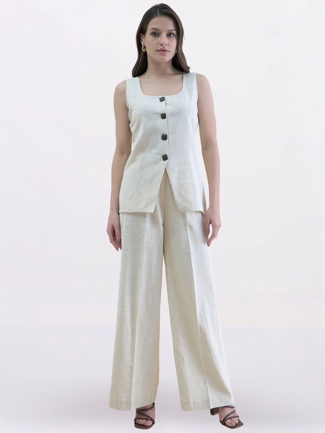 Women Beige Stretch High Rise Straight Fit Trouser