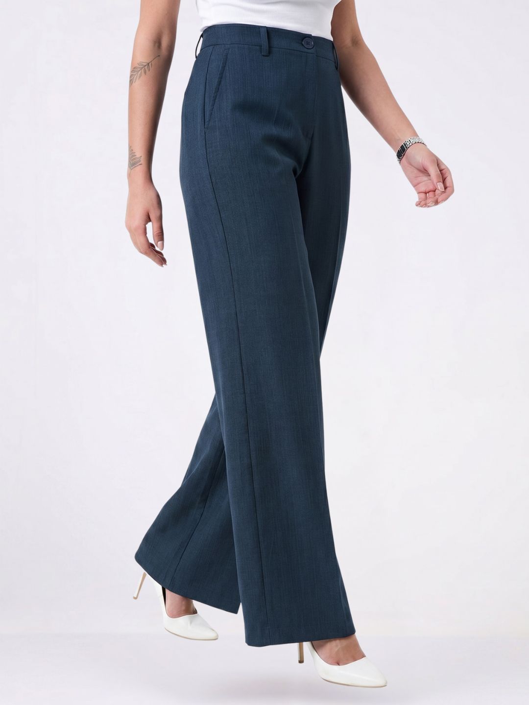 Women Navy Blue Stretch High Rise Pleated Trouser
