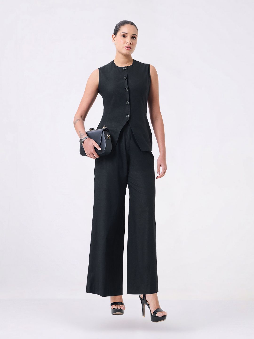 Women Black Stretch High Rise Pleated Trouser