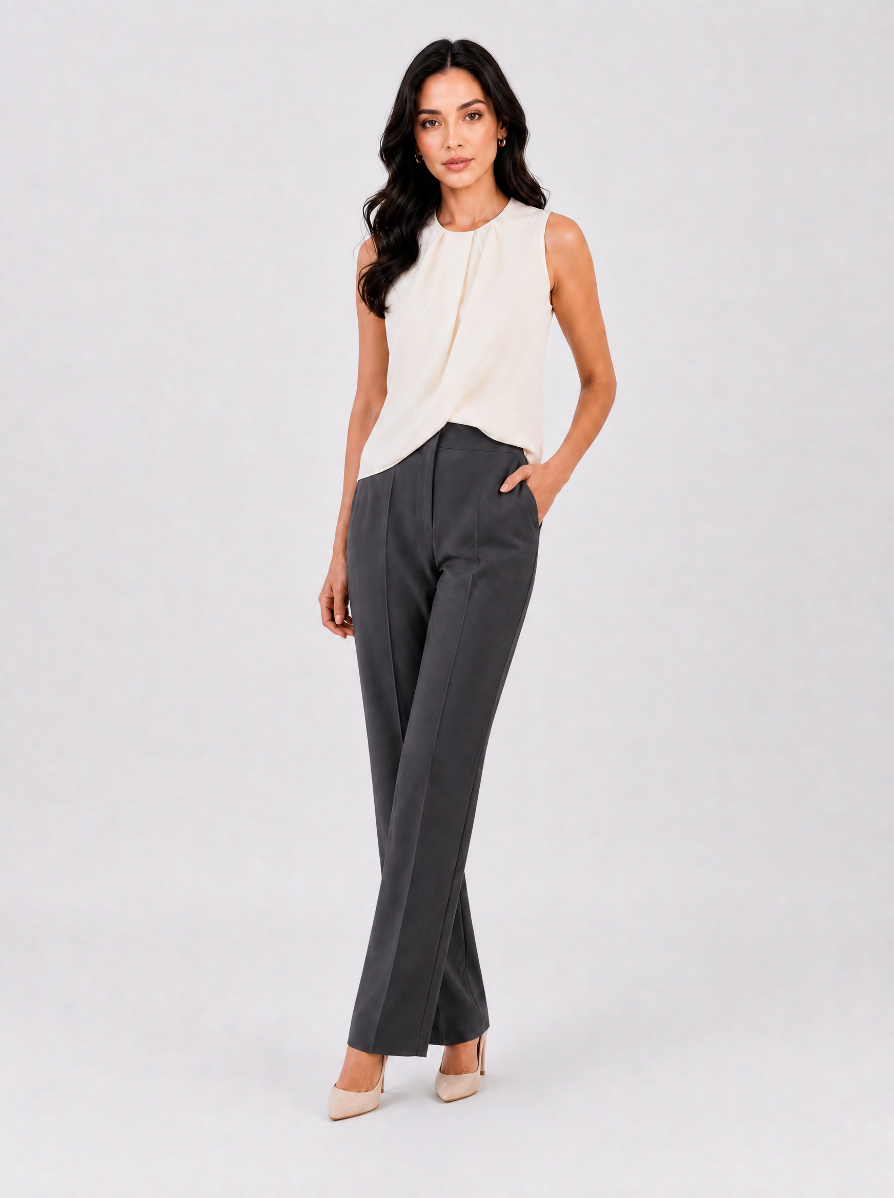 Women Dark Grey Stretch Mid Rise Pleated Trouser