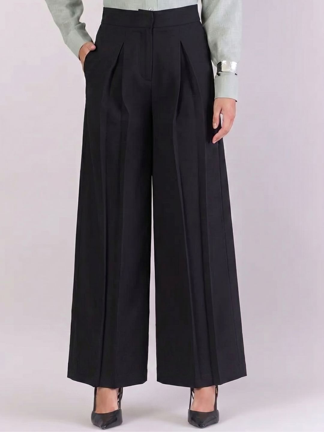 Women Black High-Rise Pleated Trousers