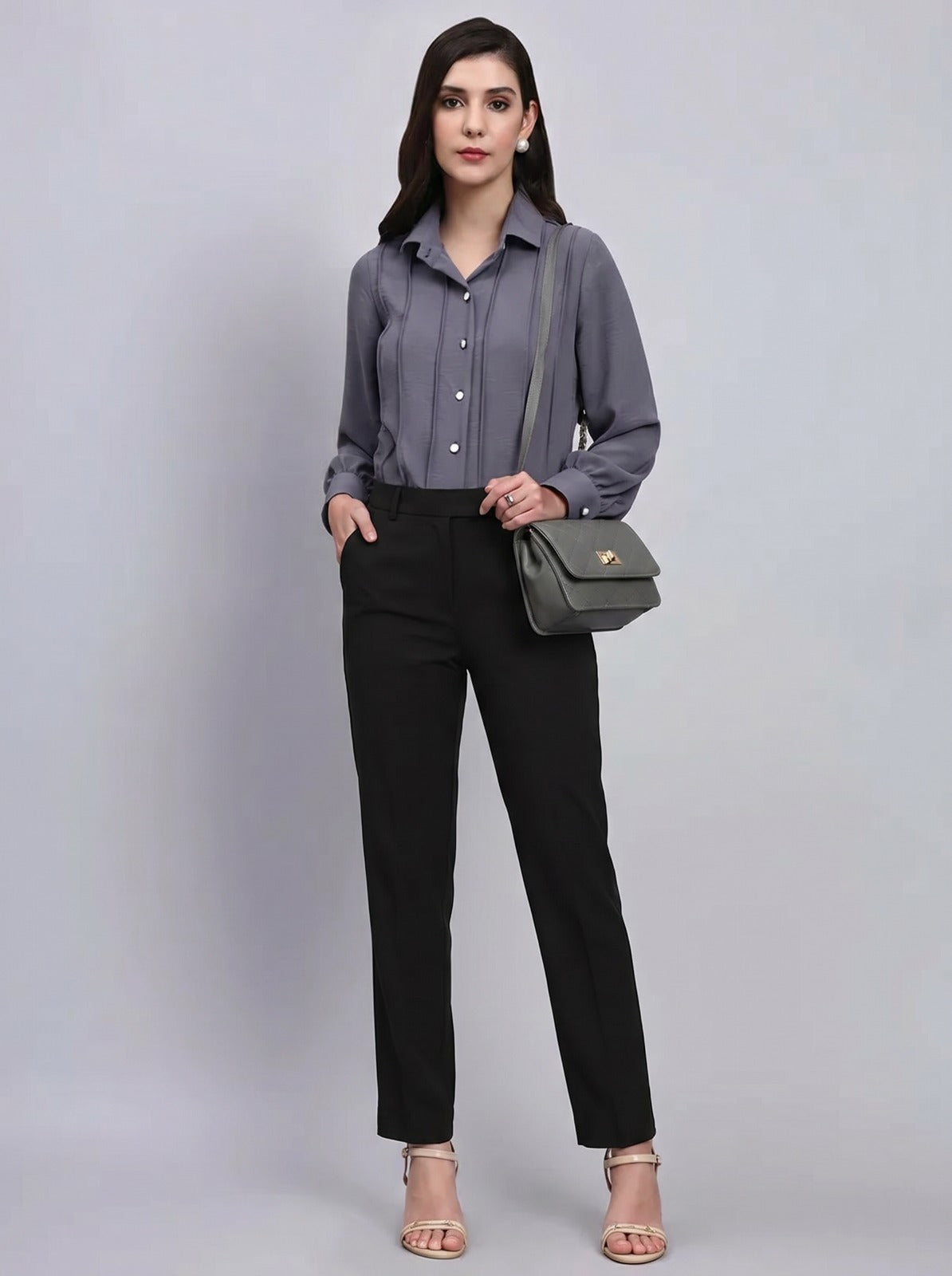 Women Grey Shirt with  Black Formal Trousers