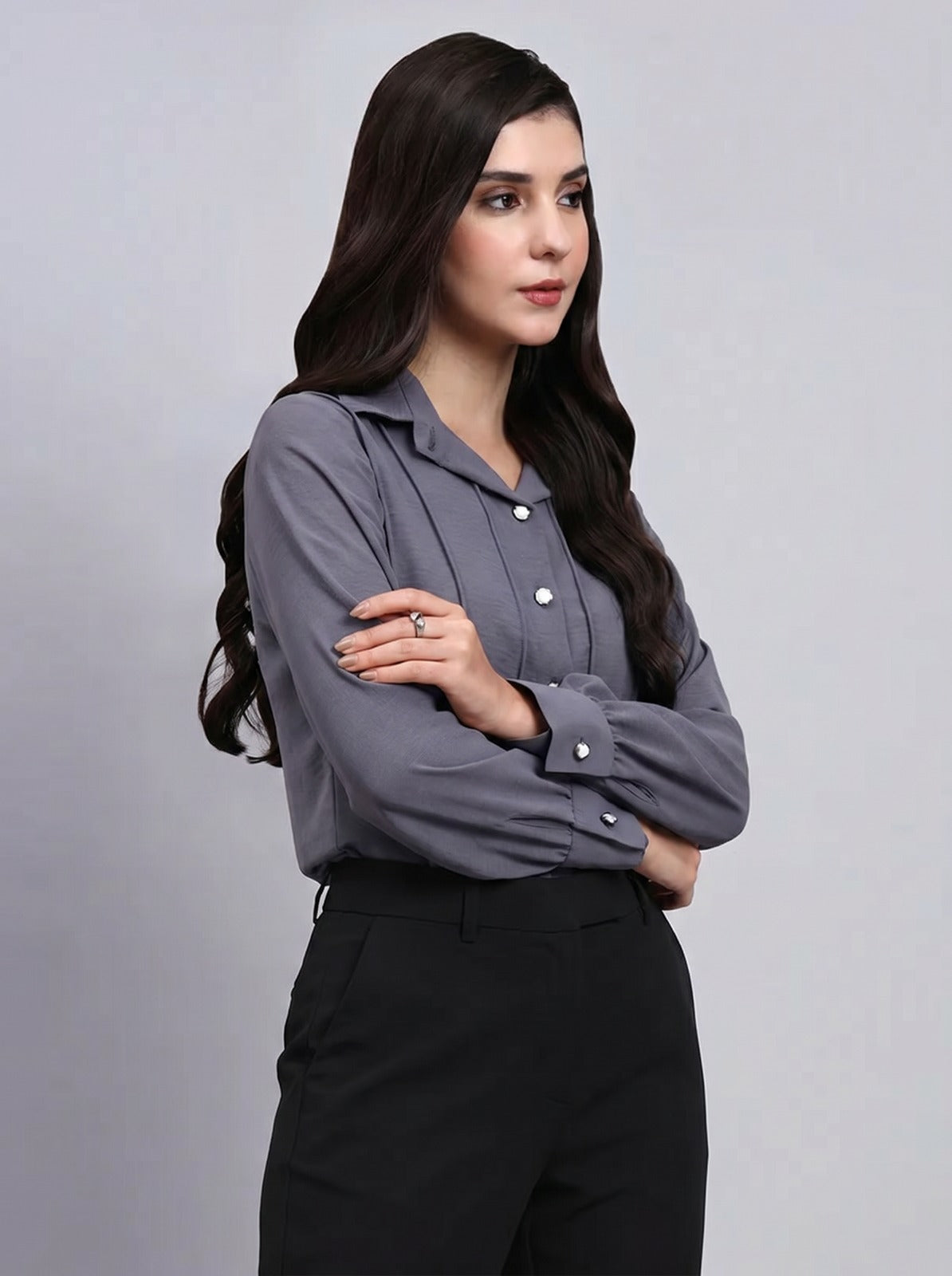 Women Grey Shirt with  Black Formal Trousers