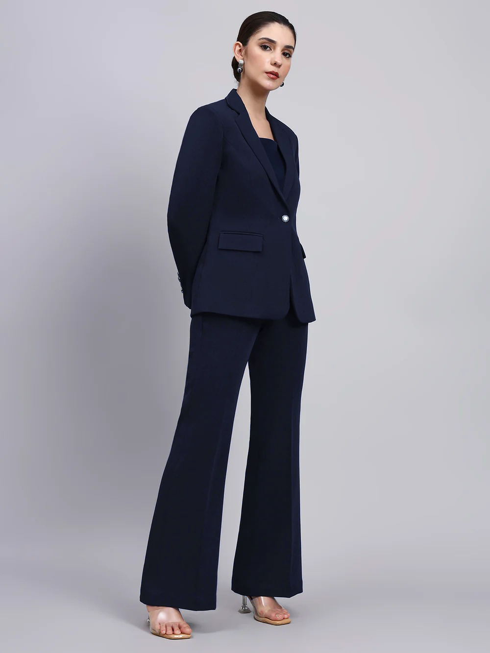 Tailored Navy Blue Blazer-Set and Flared Pants