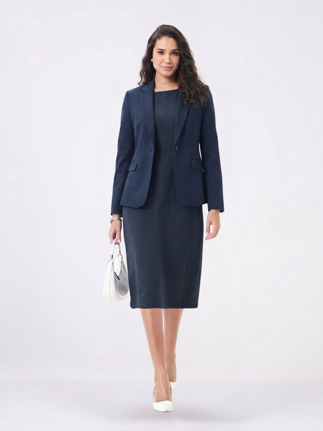 Women Navy Blue Midi Dress with Notched Lapel Blazer