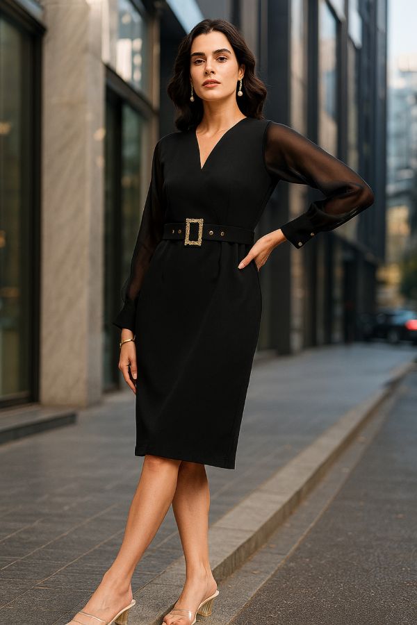 Black V-Neck Stretch Midi Dress With Sheer Sleeves And Fancy Belt