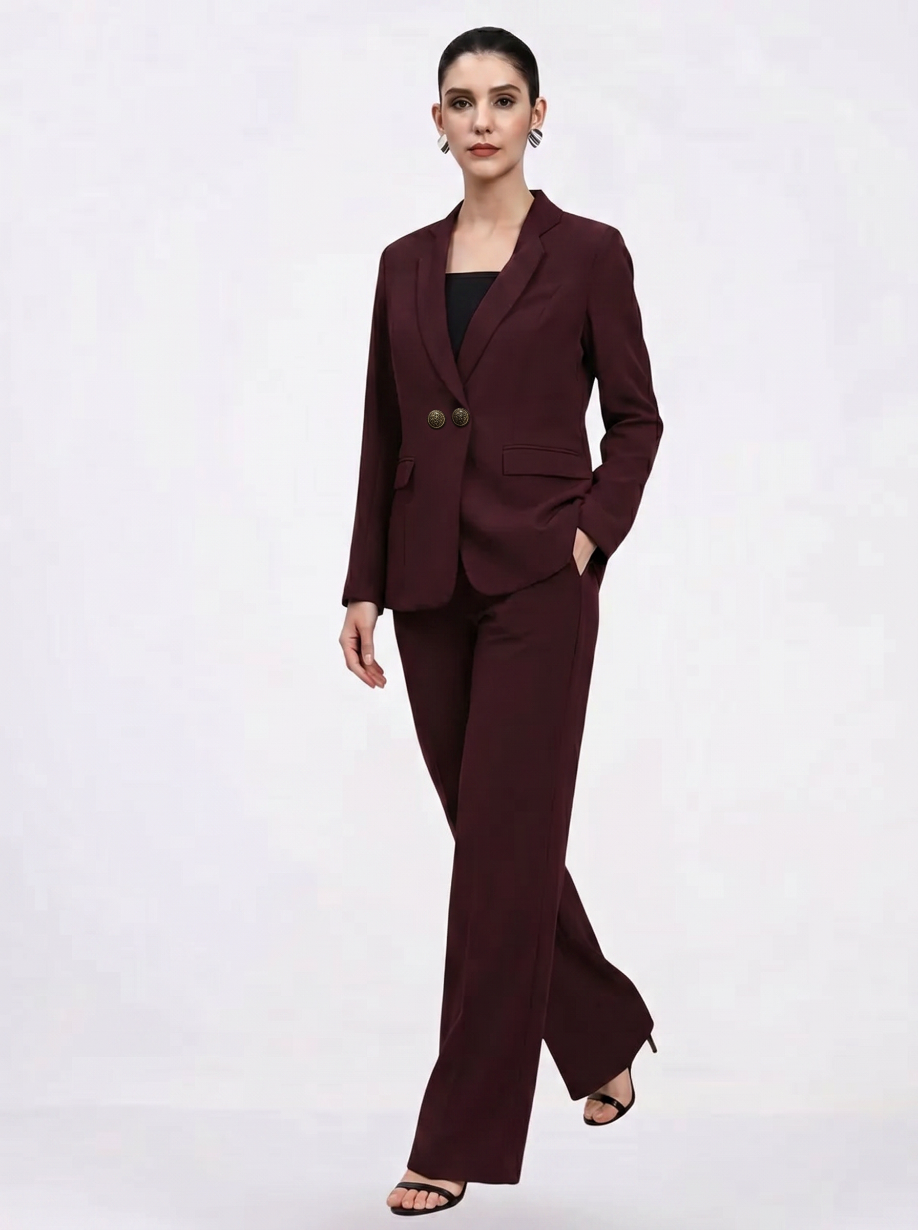 Women Burgundy Single Breasted Formal Pantsuit