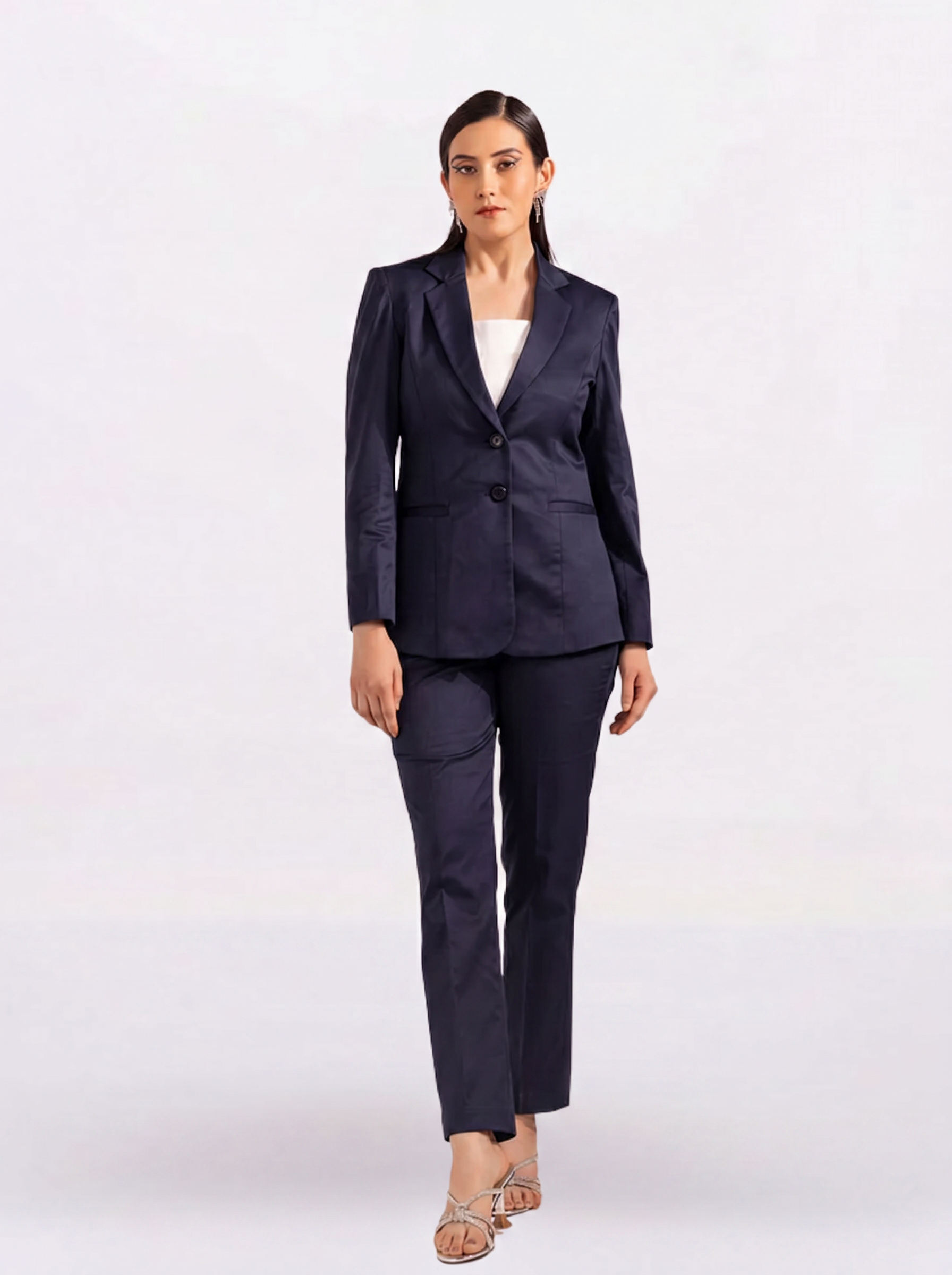 Women Navy Blue Single-Breasted Formal Pant Suit
