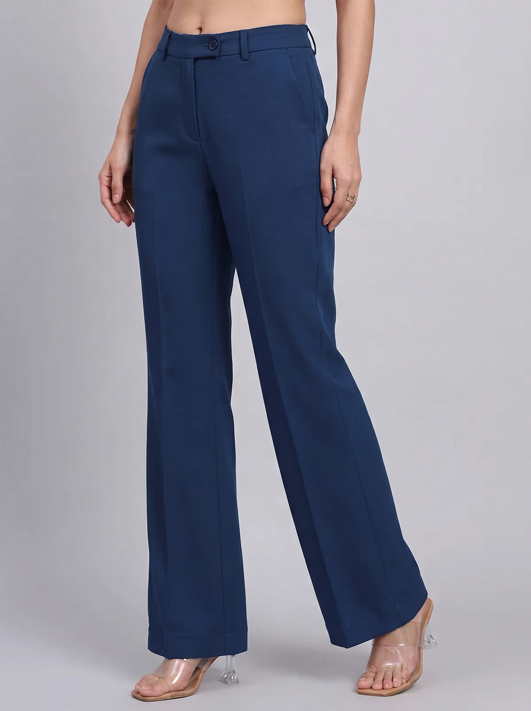 Women Navy Blue Stretch Mid Rise Trouser