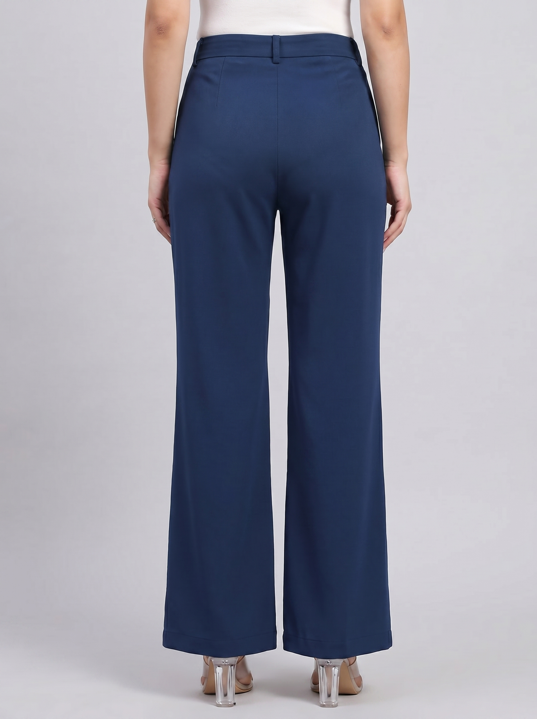 Women Navy Blue Stretch Mid Rise Trouser