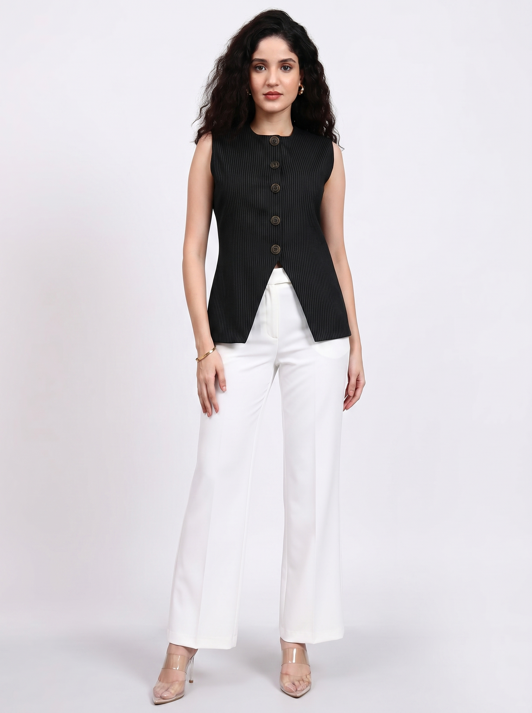 Women Black Pinstripe Top