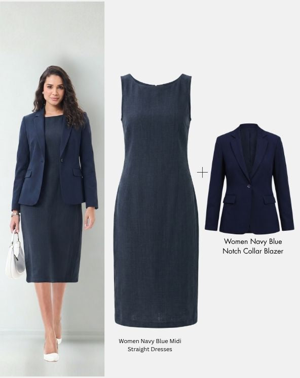 Women Navy Blue Midi Dress with Notched Lapel Blazer