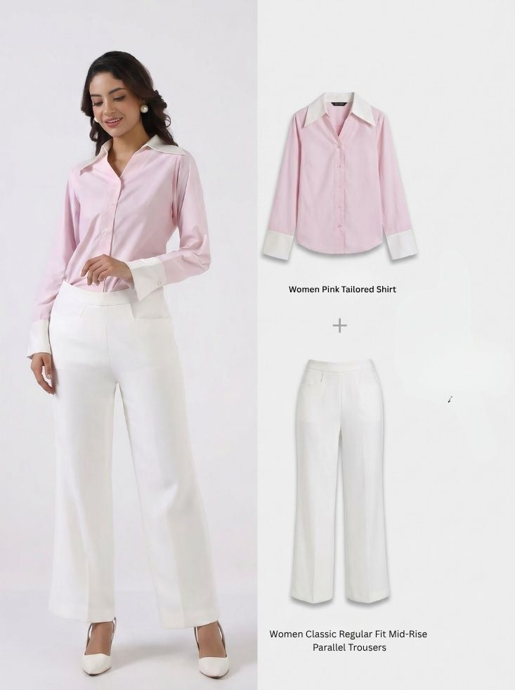 Women Pink Tailored Shirt with White Relaxed-fit Trouser