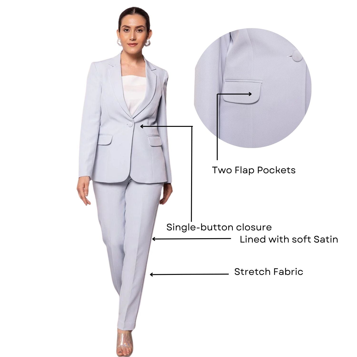 Notch Collar Stretch Pant Suit- Ice Blue